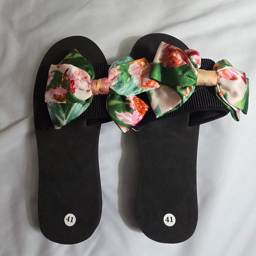 Shein Women's Black Sandals W Floral Printed Bow Size Euro 41